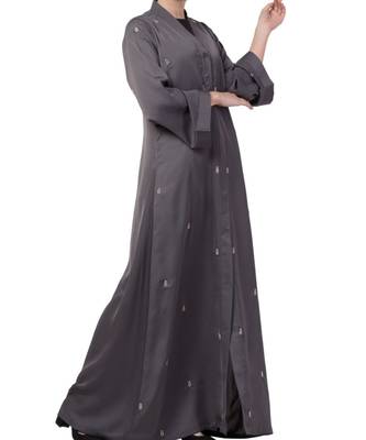 Grey Nida  Front Open Abaya With Hand Work 5
