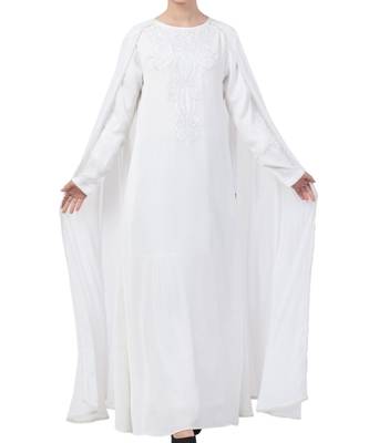 White Nida  Embroidered Abaya With Attached Cape 1