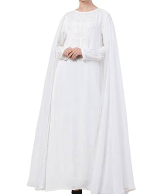 White Nida  Embroidered Abaya With Attached Cape 2