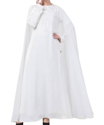 White Nida  Embroidered Abaya With Attached Cape 3