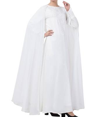 White Nida  Embroidered Abaya With Attached Cape 6