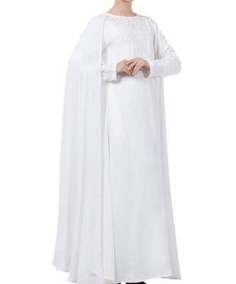 White Nida  Embroidered Abaya With Attached Cape 7