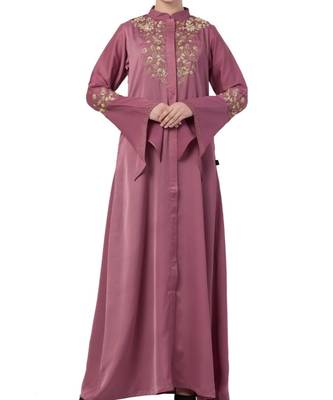 Pink Nida Luxury Abaya With Golden Wire And Stone Work 1