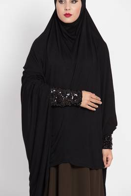 Black Full Size Prayer Hijab With Shimmer Sleeves 1