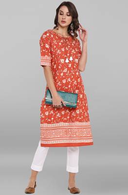 Janasya Women's Rust Pure Cotton Kurta With Pant 2