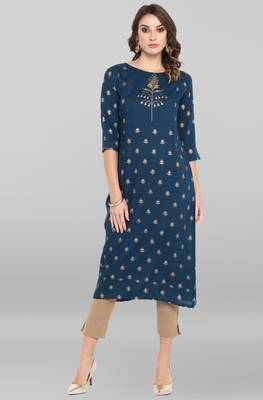 Janasya Women's Turquiose Rayon Kurta With Pant 1