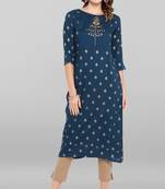 Janasya Women's Turquiose Rayon Kurta With Pant