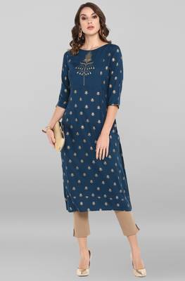 Janasya Women's Turquiose Rayon Kurta With Pant 2