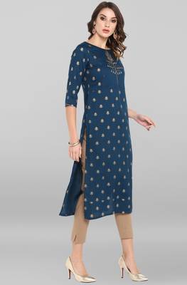 Janasya Women's Turquiose Rayon Kurta With Pant 3
