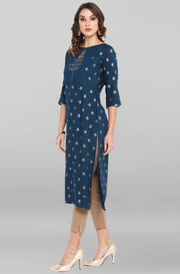 Janasya Women's Turquiose Rayon Kurta With Pant 4
