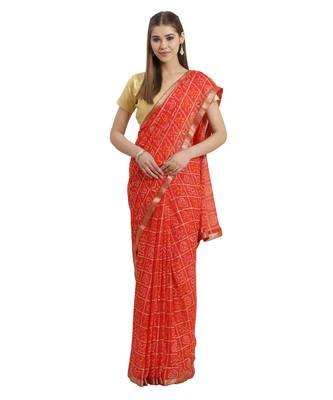 Orange printed Chiffon saree with blouse 1