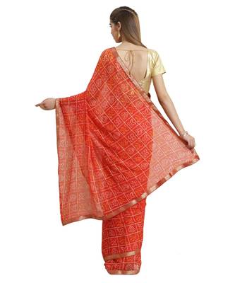 Orange printed Chiffon saree with blouse 2