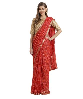 Red printed Chiffon saree with blouse 1