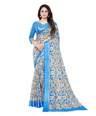 Blue printed cotton saree with blouse 1