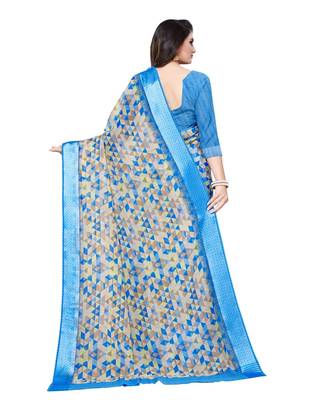 Blue printed cotton saree with blouse 2