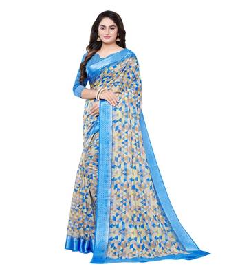 Blue printed cotton saree with blouse 3