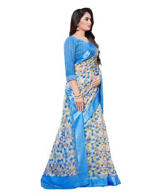 Blue printed cotton saree with blouse 4
