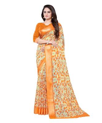 Orange printed cotton saree with blouse 1
