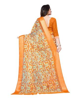 Orange printed cotton saree with blouse 2