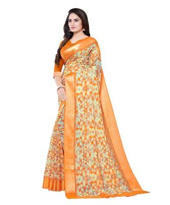 Orange printed cotton saree with blouse 3
