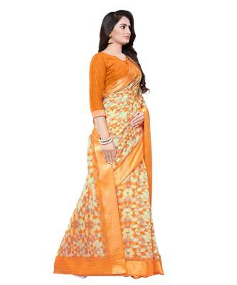 Orange printed cotton saree with blouse 4