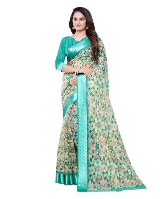 Green printed cotton saree with blouse 1
