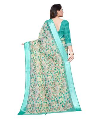 Green printed cotton saree with blouse 2