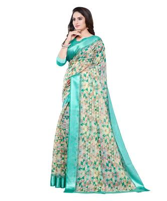 Green printed cotton saree with blouse 3