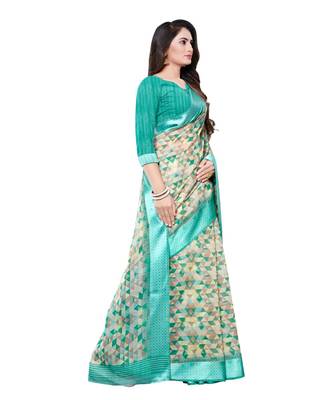 Green printed cotton saree with blouse 4