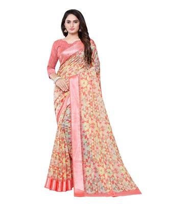 Peach printed cotton saree with blouse 1