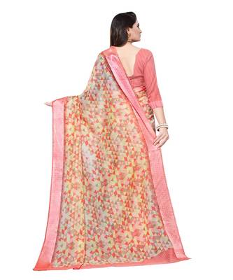 Peach printed cotton saree with blouse 2