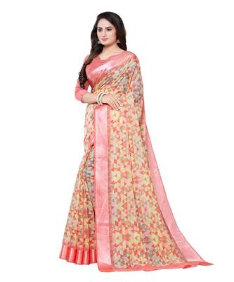 Peach printed cotton saree with blouse 3