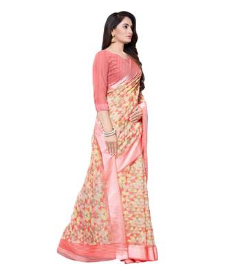 Peach printed cotton saree with blouse 4
