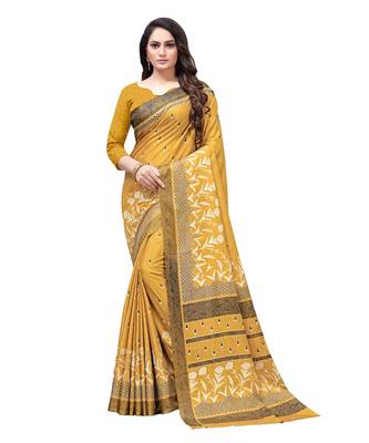 Mustard printed Silk blend saree with blouse 1