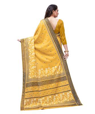 Mustard printed Silk blend saree with blouse 2