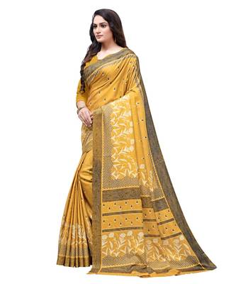 Mustard printed Silk blend saree with blouse 3