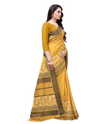 Mustard printed Silk blend saree with blouse 4