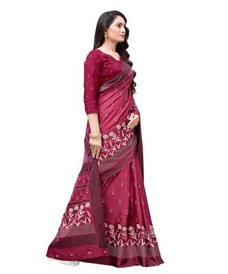 Maroon printed Silk blend saree with blouse 4