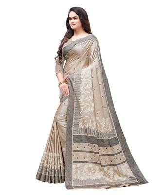 Beige printed Silk blend saree with blouse 3