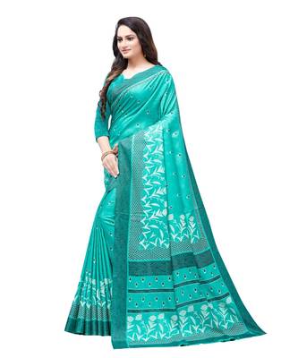 Green printed Silk blend saree with blouse 3