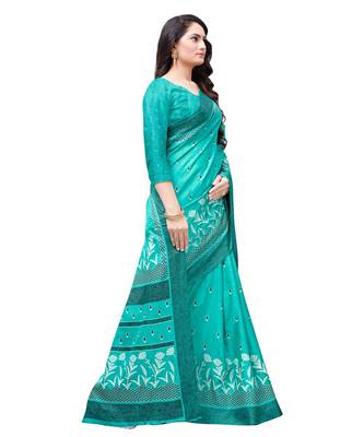 Green printed Silk blend saree with blouse 4