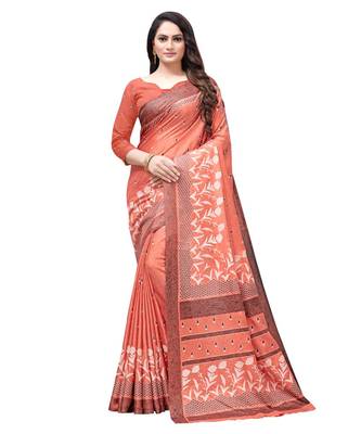 Peach printed Silk blend saree with blouse 1