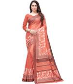 Peach printed Silk blend saree with blouse