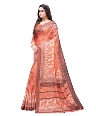 Peach printed Silk blend saree with blouse 3