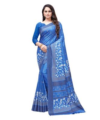 Blue printed Silk blend saree with blouse 1