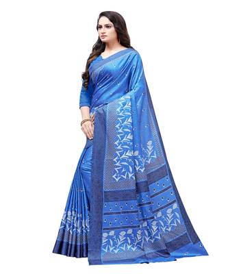 Blue printed Silk blend saree with blouse 3