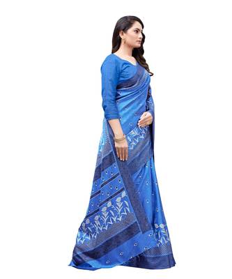 Blue printed Silk blend saree with blouse 4