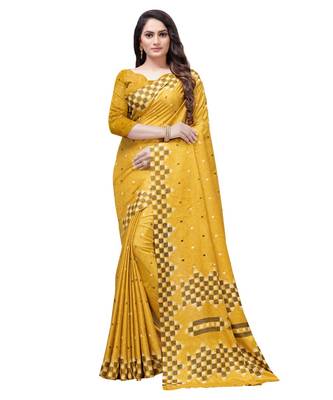 Mustard printed Silk blend saree with blouse 1
