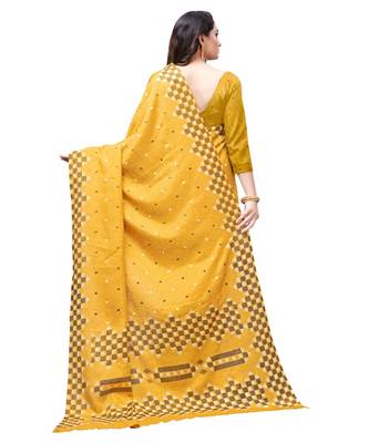 Mustard printed Silk blend saree with blouse 2