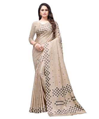 Beige printed Silk blend saree with blouse 1